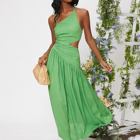 Green Boho Womens Criss Cross Lace Up Backless Cut Out Ruched Ruffle Hem Dress - Picture 3 of 5